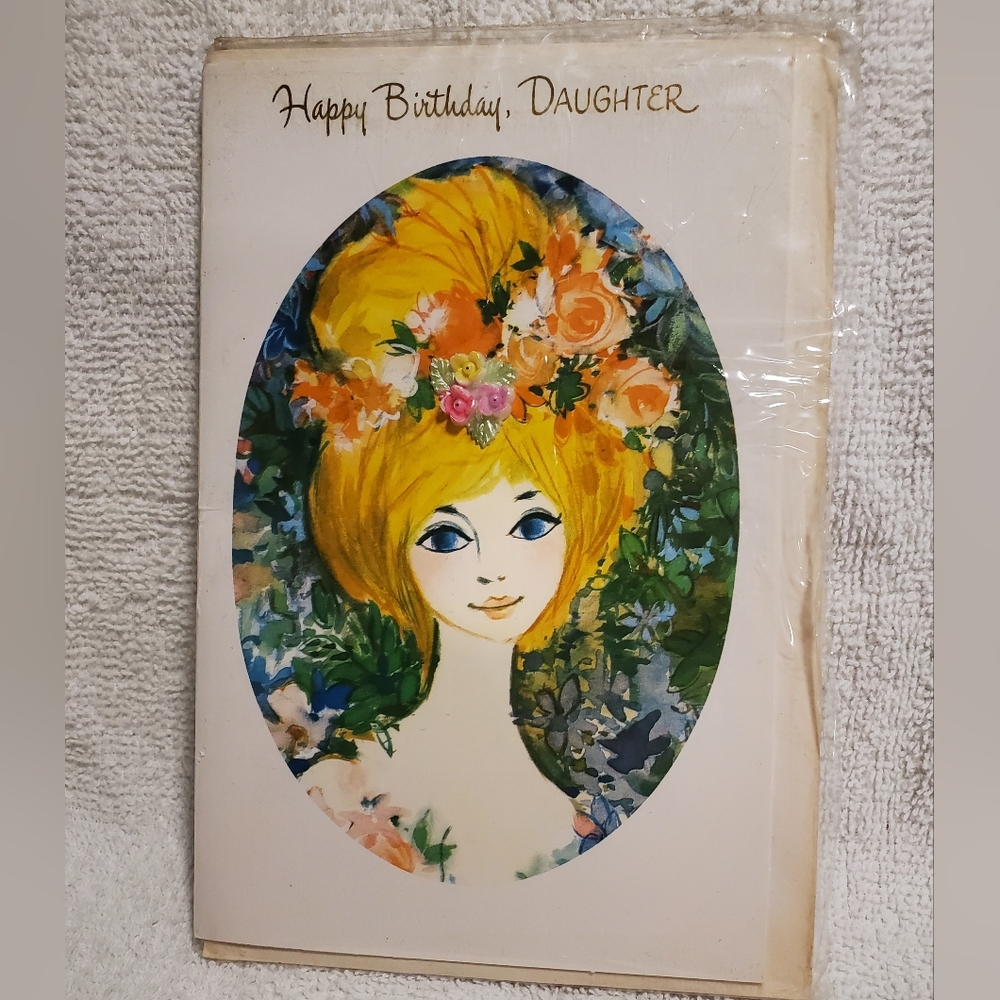NOS Vintage 60s 70s 3D Flowers Happy Birthday Daughter Card with Envelope USA